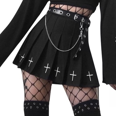 Cute Black Cross Print Goth Punk Pleated High Waisted Mini Skirt Bottom E-Girl Kawaii Korean Japanese Harajuku Retro Streetwear