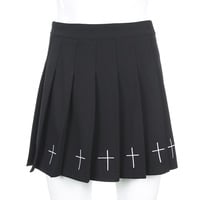 Cute Black Cross Print Goth Punk Pleated High Waisted Mini Skirt Bottom E-Girl Kawaii Korean Japanese Harajuku Retro Streetwear - Thumbnail 2