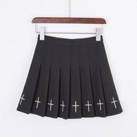 Cute Black Cross Print Goth Punk Pleated High Waisted Mini Skirt Bottom E-Girl Kawaii Korean Japanese Harajuku Retro Streetwear - Thumbnail 4