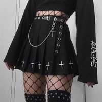 Cute Black Cross Print Goth Punk Pleated High Waisted Mini Skirt Bottom E-Girl Kawaii Korean Japanese Harajuku Retro Streetwear - Thumbnail 7