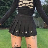 Cute Black Cross Print Goth Punk Pleated High Waisted Mini Skirt Bottom E-Girl Kawaii Korean Japanese Harajuku Retro Streetwear - Thumbnail 8