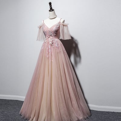 Pink v neck tulle long prom dress evening dress