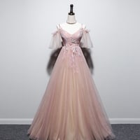 Pink v neck tulle long prom dress evening dress - Thumbnail 1