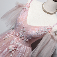 Pink v neck tulle long prom dress evening dress - Thumbnail 3