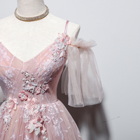 Pink v neck tulle long prom dress evening dress - Thumbnail 2