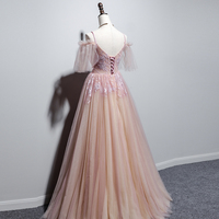 Pink v neck tulle long prom dress evening dress - Thumbnail 4