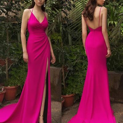 Sexy mermaid v neck split rose red long evening party dresses - Thumbnail 5
