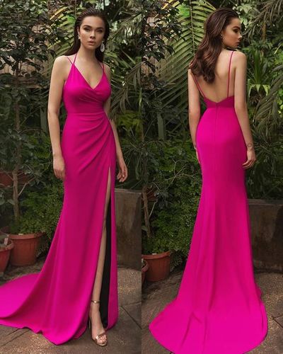 Sexy Mermaid V Neck Split Rose Red Long Evening Party Dresses
