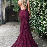 SP1317,Mermaid Spaghetti Straps Backless Burgundy Long Lace Prom Dress - Thumbnail 1