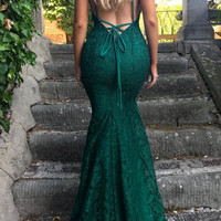 SP1317,Mermaid Spaghetti Straps Backless Burgundy Long Lace Prom Dress - Thumbnail 3