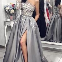 Unique A-Line One Shoulder Long Sleeve Grey Satin Long Prom Evening Dresses with Appliques,Formal Party Dresses with Split - Thumbnail 1