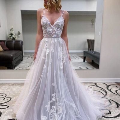 Simple a-line v neck light grey tulle beach wedding dresses - Thumbnail 4