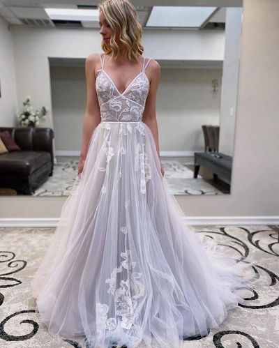 Simple A-Line V Neck Light Grey Tulle Beach Wedding Dresses