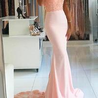 SP1322,Mermaid High Nack Sweep Train Pink Satin Prom Dress With Beading - Thumbnail 1