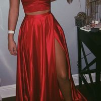 SP1323,Two Pieces Red Prom Dresses,Spaghetti Straps Evening Dress with Slit,V-neck Prom Party Gown - Thumbnail 1