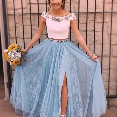 Sp1326,two piece sky blue lace prom dresses thigh split prom dress with rhinestone - Thumbnail 5