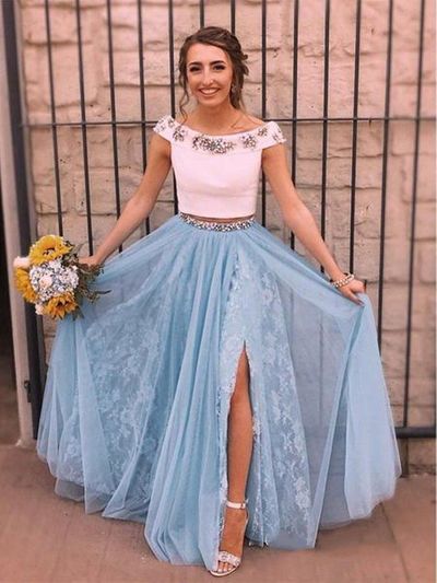 SP1326,Two Piece Sky Blue Lace Prom Dresses Thigh Split Prom Dress with Rhinestone