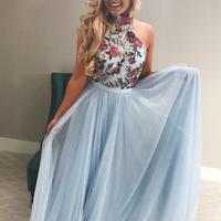 SP1327,Light Blue Tulle Halter Embriodery Long Prom Dress,Elegant Homecoming Dress - Thumbnail 1