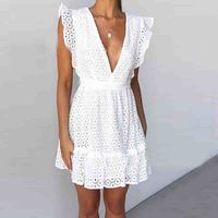 Sexy White V-Neck High Waist Dress - Thumbnail 1