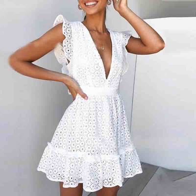 Sexy White V-Neck High Waist Dress
