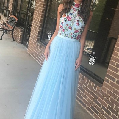 Sp1328,gorgeous high neck sky blue long prom dress with embroidery - Thumbnail 5