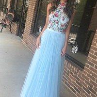 SP1328,Gorgeous High Neck Sky Blue Long Prom Dress with Embroidery - Thumbnail 1