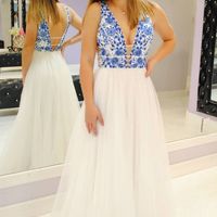 SP1329,Cute A Line Halter White Lace Prom Dresses with Pink Embroidery,V-neck Sleeveless Evening Dresses - Thumbnail 1
