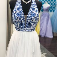 SP1329,Cute A Line Halter White Lace Prom Dresses with Pink Embroidery,V-neck Sleeveless Evening Dresses - Thumbnail 2