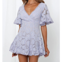 V-Neck Splicing Short Sleeve Lace Dress - Thumbnail 2