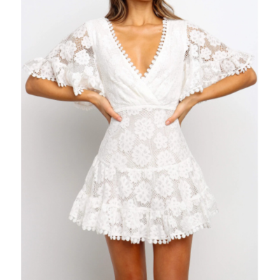 V-Neck Splicing Short Sleeve Lace Dress