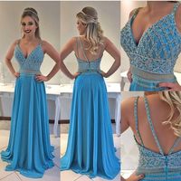 SP1331,Fashion A-Line V-Neck Sleeveless Blue Long Prom Dress With Beading - Thumbnail 1