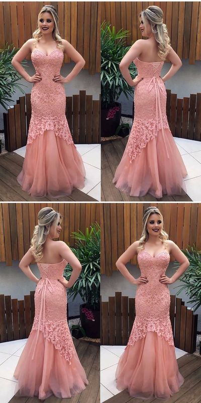 SP1332,Mermaid Sweetheart Pink Lace Prom Dress with Appliques