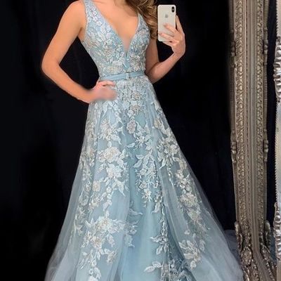 Sp1335,charming light blue a-line prom dresses,lace evening dresses,v-neck tulle applique party evening gown - Thumbnail 5