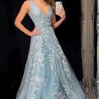 SP1335,Charming Light Blue A-line Prom Dresses,Lace Evening Dresses,V-neck Tulle Applique Party Evening Gown - Thumbnail 1