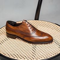 Brown Leather Oxfords Wingtip Lace Up Dress Shoes - Thumbnail 1
