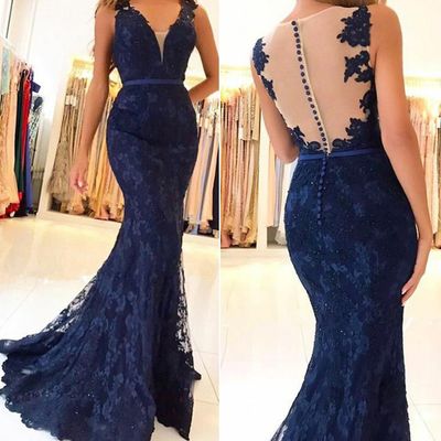 SP1340,Mermaid Deep V-Neck Sweep Train Navy Blue Lace Sleeveless Long Prom Dress With Appliques