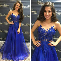 SP1341,Sheer Neck Royal Blue Prom Dress With Appliqued Illusion Bodice - Thumbnail 1