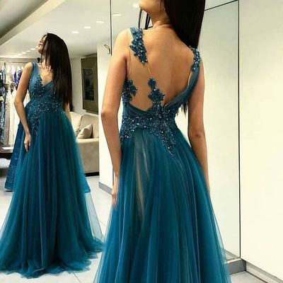 Sp1342,tulle lace long prom dress, lace evening dress ball dress special occasion dress a-line two straps v-neck appliqued tulle long prom dresses - Thumbnail 3