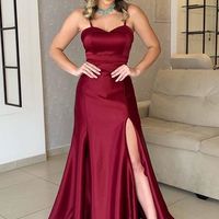 SP1347,Burgundy Spaghetti Straps Long Prom Dresses,Sweetheart Evening Dress with Side Slit - Thumbnail 1