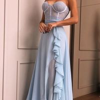 SP1348,Light Blue Sweetheart Chiffon Prom Dresses with Ruffles,Sleeveless Prom Dress with Slit - Thumbnail 1