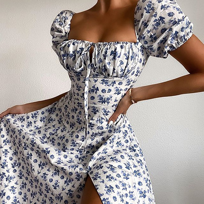 Floral wrapped chest high waist split sexy dress