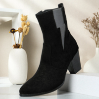Plus Size Women Casual Solid Color Simple Pointed Toe Zipper Chunky Heel Chelsea Boots - Thumbnail 4