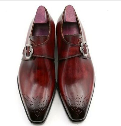 Men's Brown Handmade Formal Dress patina Single Monk Strap Leather Shoes