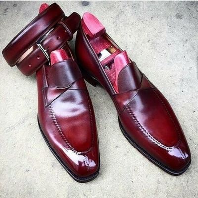 Men's handmade brown leather twisted strap pointed toe loafers with same belt