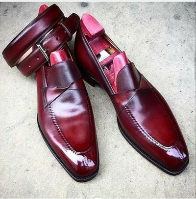 Men's Handmade Brown Leather twisted strap pointed toe Loafers with same belt