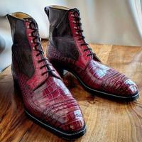 Handmade Men Burgundy Crocodile Textured Leather High Ankle Boots, Men Boots - Thumbnail 1