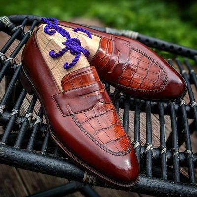 Men Dope Brown alligator texture moccasin shoes, Men brown formal dress shoes