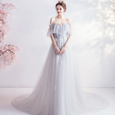 Gray tulle lace long prom dress evening dress - Thumbnail 4