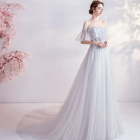 Gray tulle lace long prom dress evening dress - Thumbnail 1