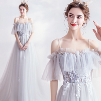 Gray tulle lace long prom dress evening dress - Thumbnail 5